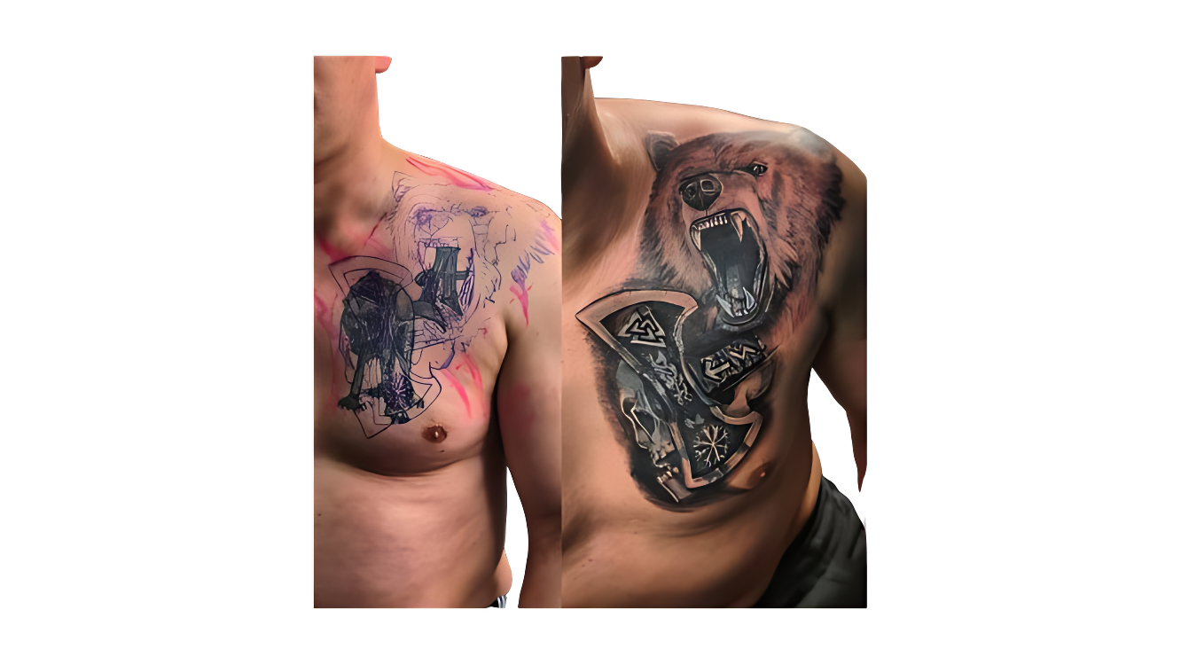 Bär Cover-Up Tattoo Neuss - Jugendsünde verschwunden Kensenich